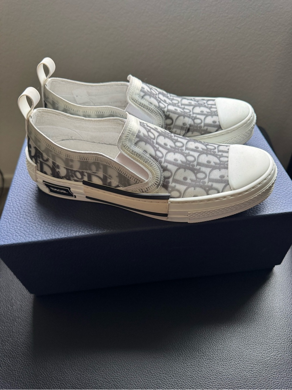 Authentic Dior B23 Slip On/White and Light Gray Monogram Sneakers